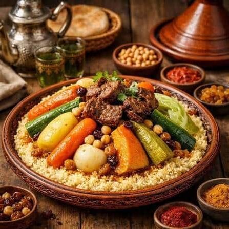 Vegetarian Moroccan couscous with vegetables and chickpeas